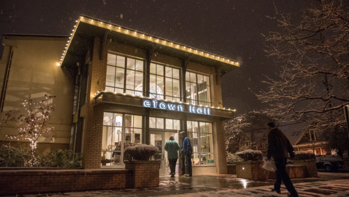 eTown Hall Night snow lights